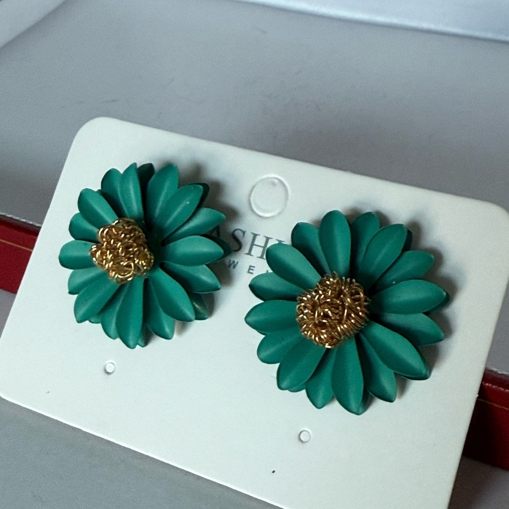 Fashion Jewelry Teal and Gold Floral Earrings